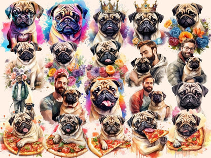 Pugs Watercolor Clipart cute pug clipart - Wonders Artist