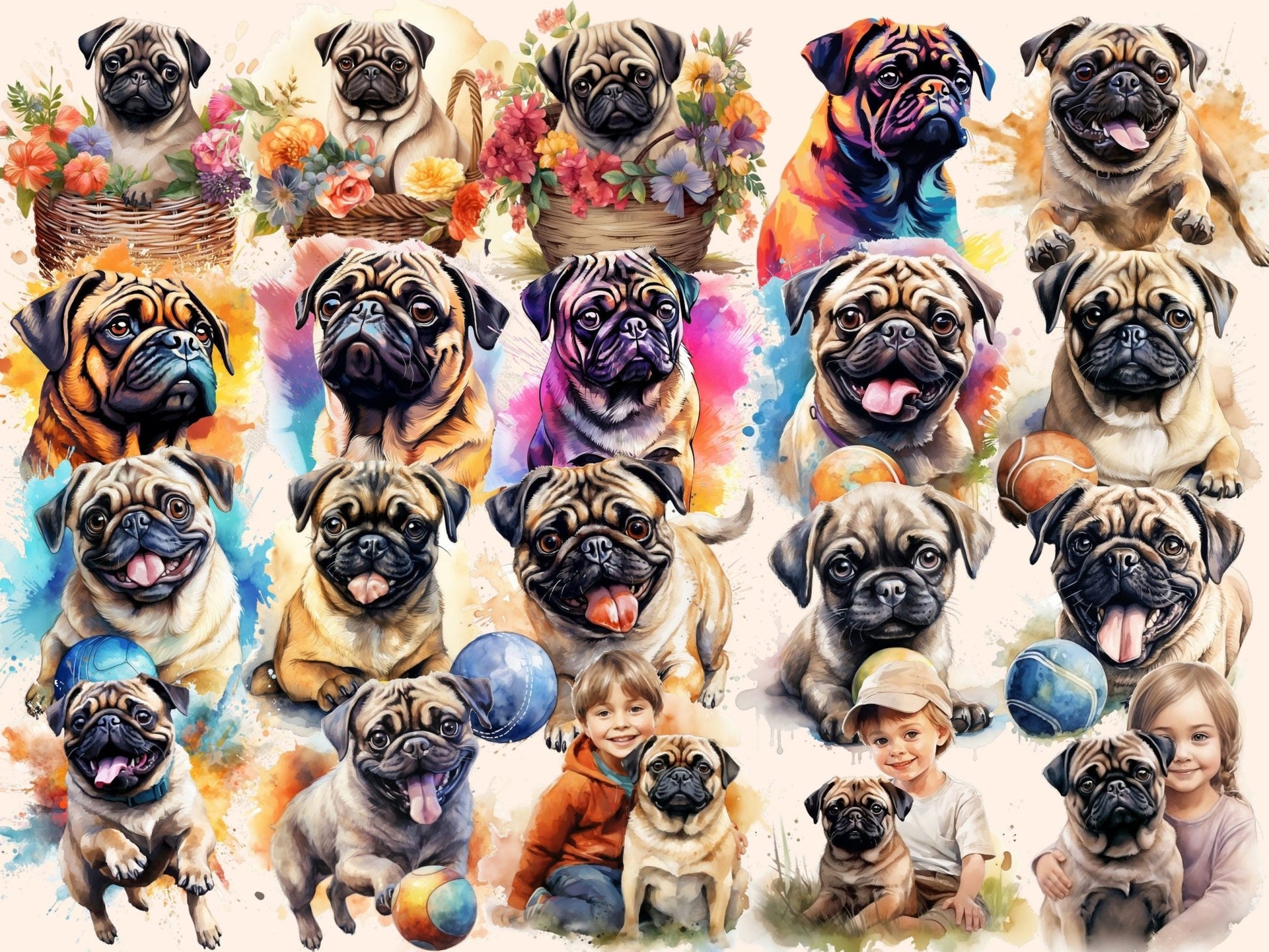 Pugs Watercolor Clipart - High - Quality Instant Digital Download for Creative Projects