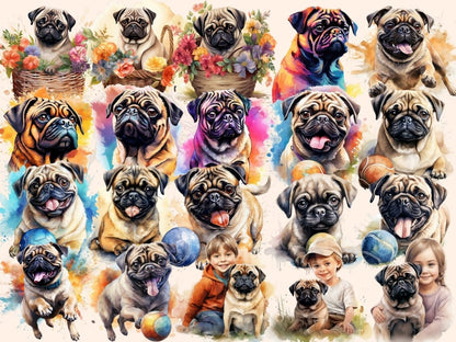 Pugs Watercolor Clipart cute pug clipart - Wonders Artist