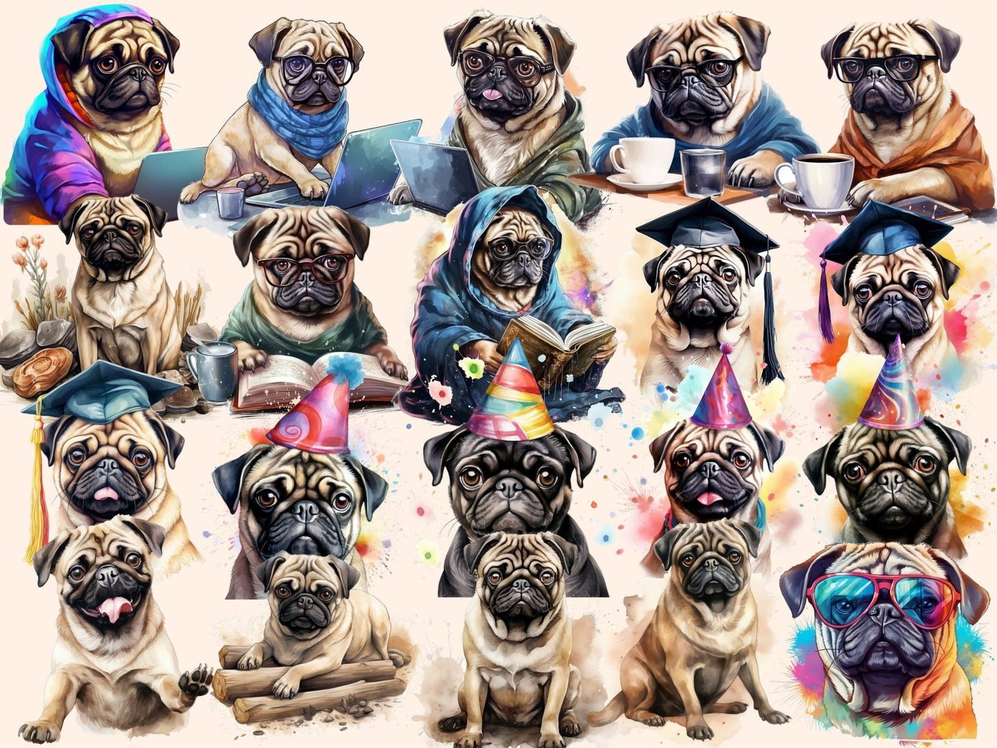 Pugs Watercolor Clipart - High - Quality Instant Digital Download for Creative Projects