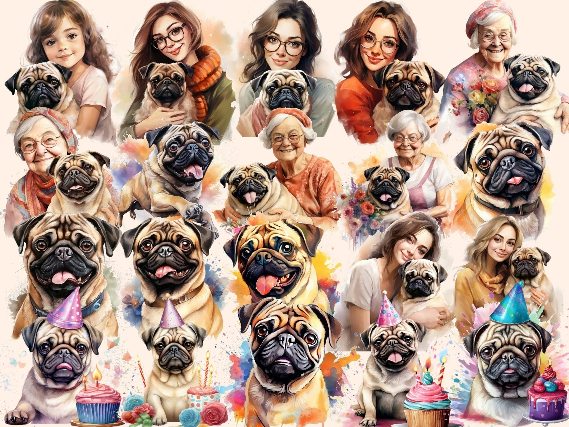 Pugs Watercolor Clipart - High - Quality Instant Digital Download for Creative Projects