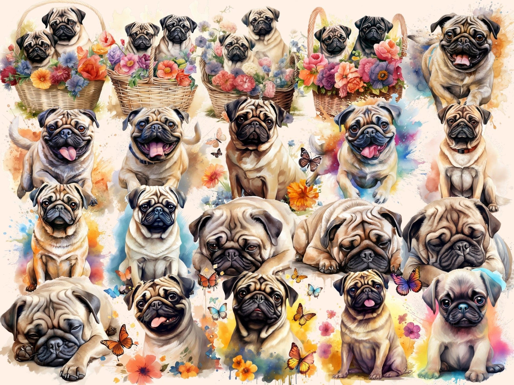 Pugs Watercolor Clipart - High - Quality Instant Digital Download for Creative Projects