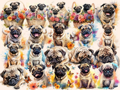 Pugs Watercolor Clipart cute pug clipart - Wonders Artist