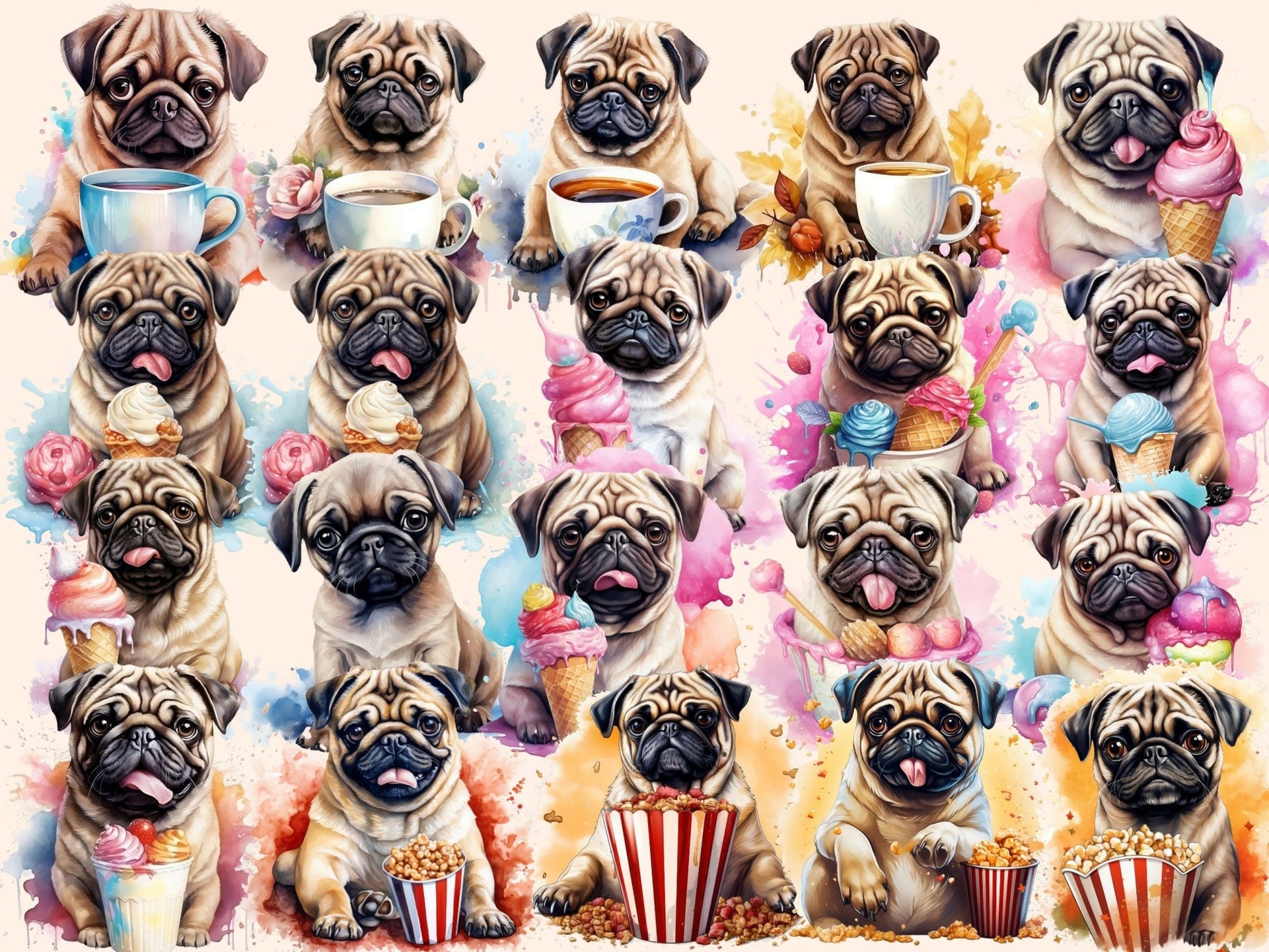 Pugs Watercolor Clipart - High - Quality Instant Digital Download for Creative Projects