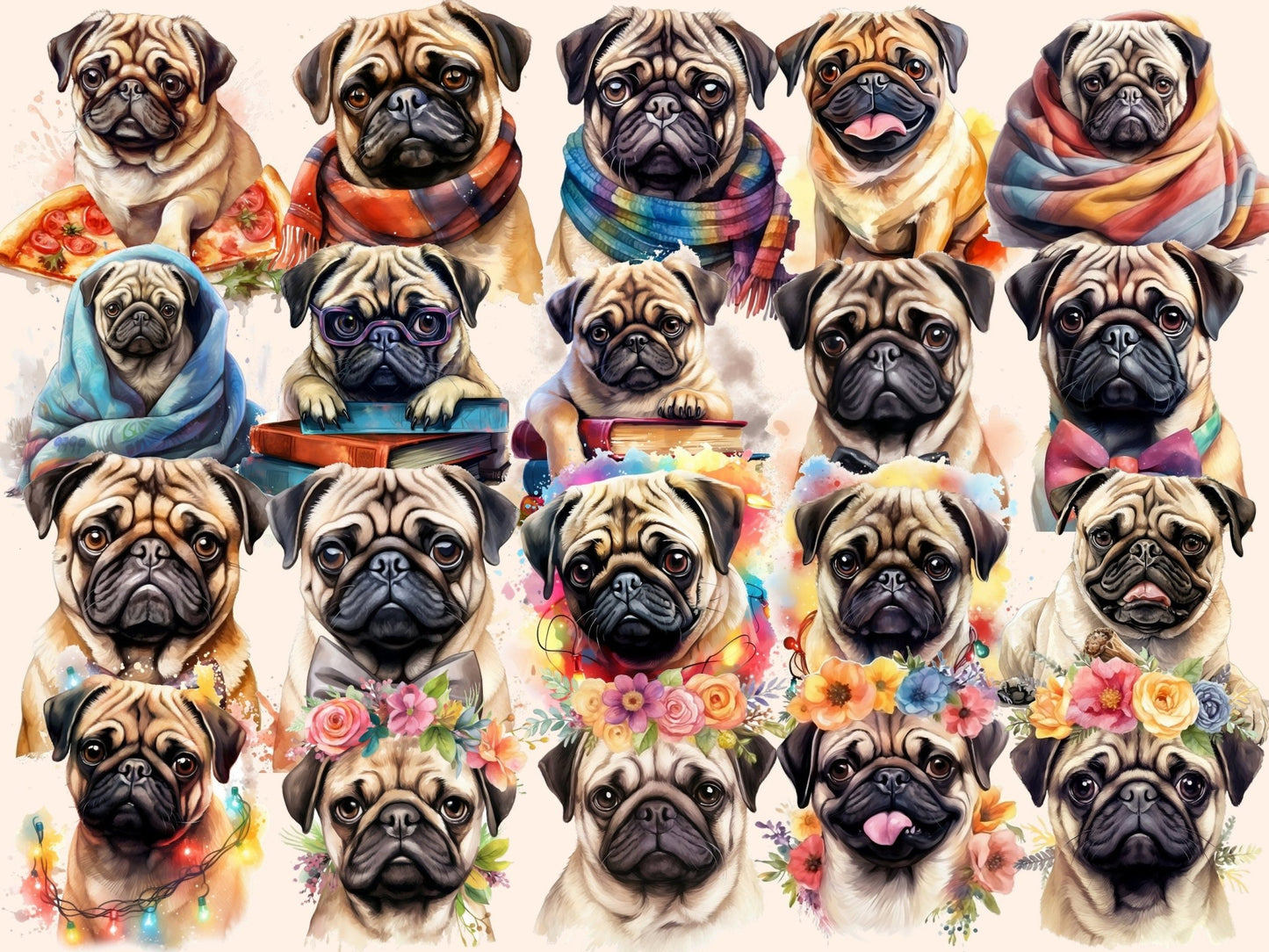 Pugs Watercolor Clipart - High - Quality Instant Digital Download for Creative Projects