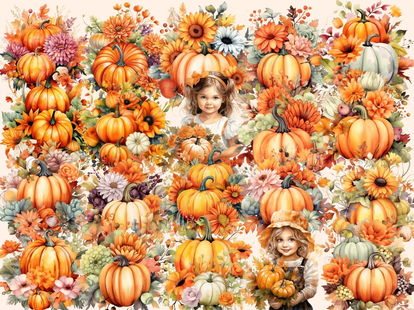 Pumpkin Bouquets Watercolor Clipart - High - Quality Instant Digital Download for Creative Projects