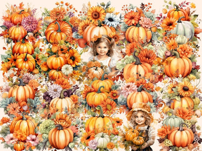 Pumpkin Bouquets Watercolor Clipart autumn floral png - Wonders Artist