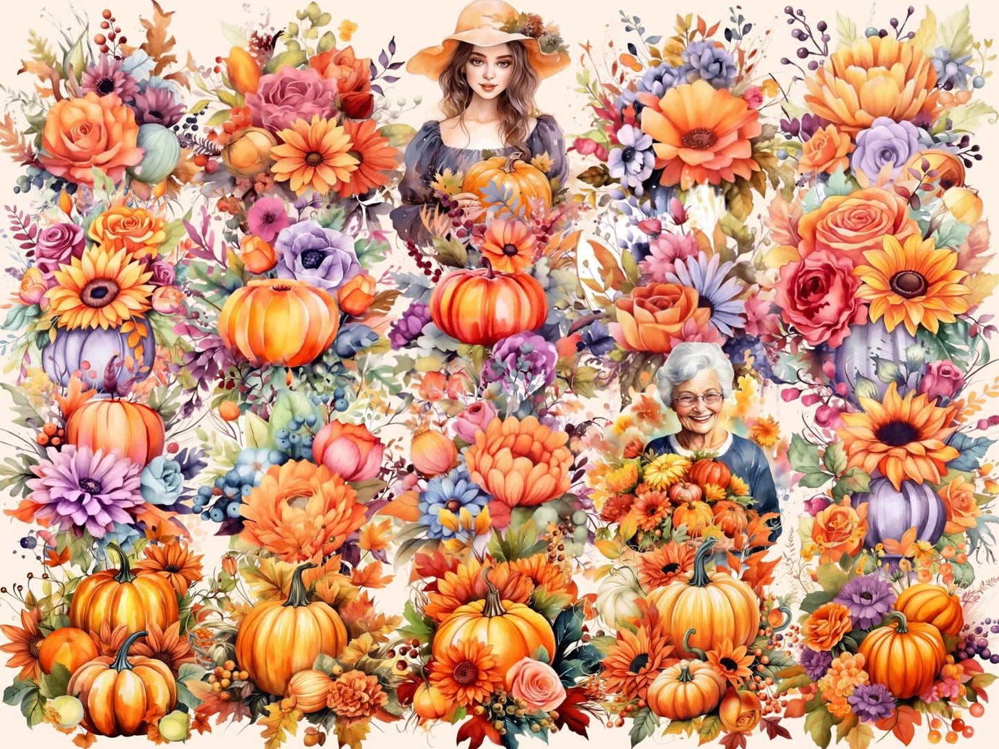 Pumpkin Bouquets Watercolor Clipart - High - Quality Instant Digital Download for Creative Projects