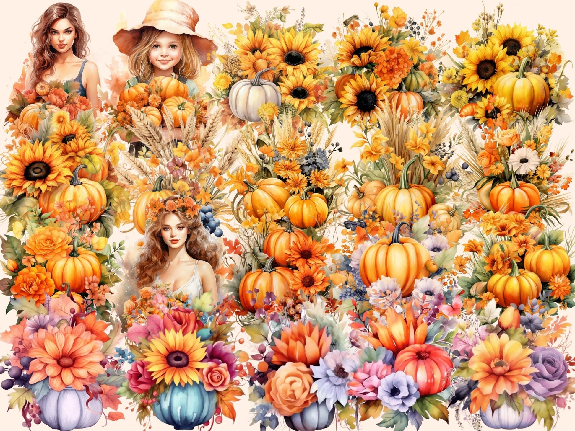 Pumpkin Bouquets Watercolor Clipart - High - Quality Instant Digital Download for Creative Projects