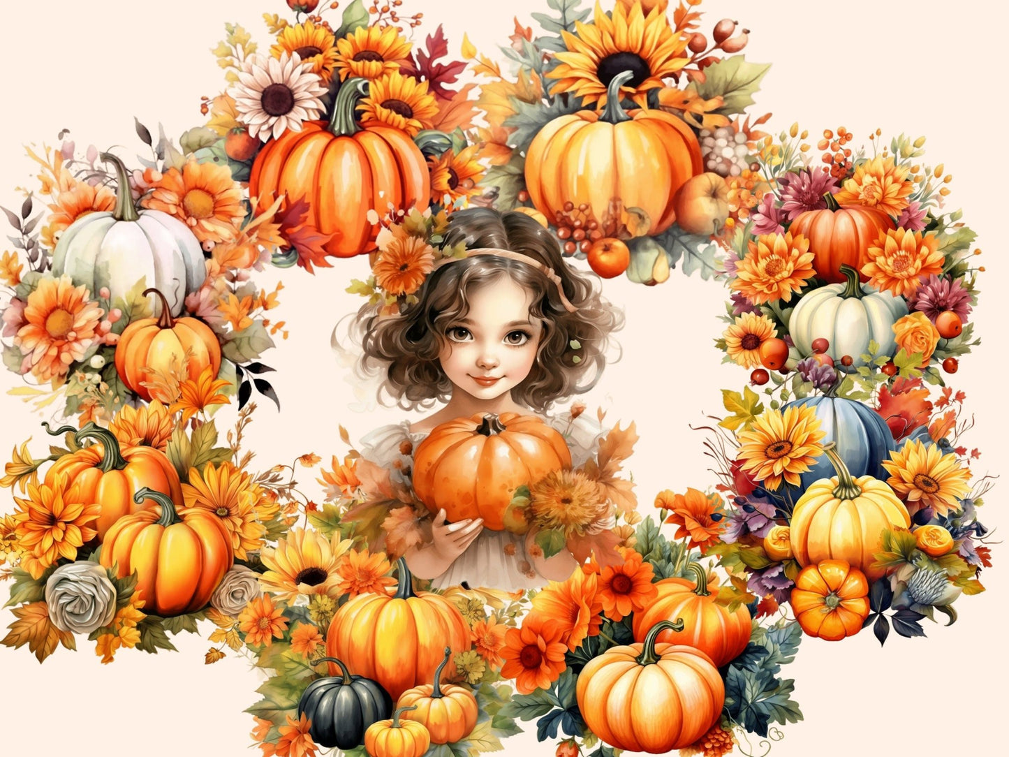 Pumpkin Bouquets Watercolor Clipart - High - Quality Instant Digital Download for Creative Projects