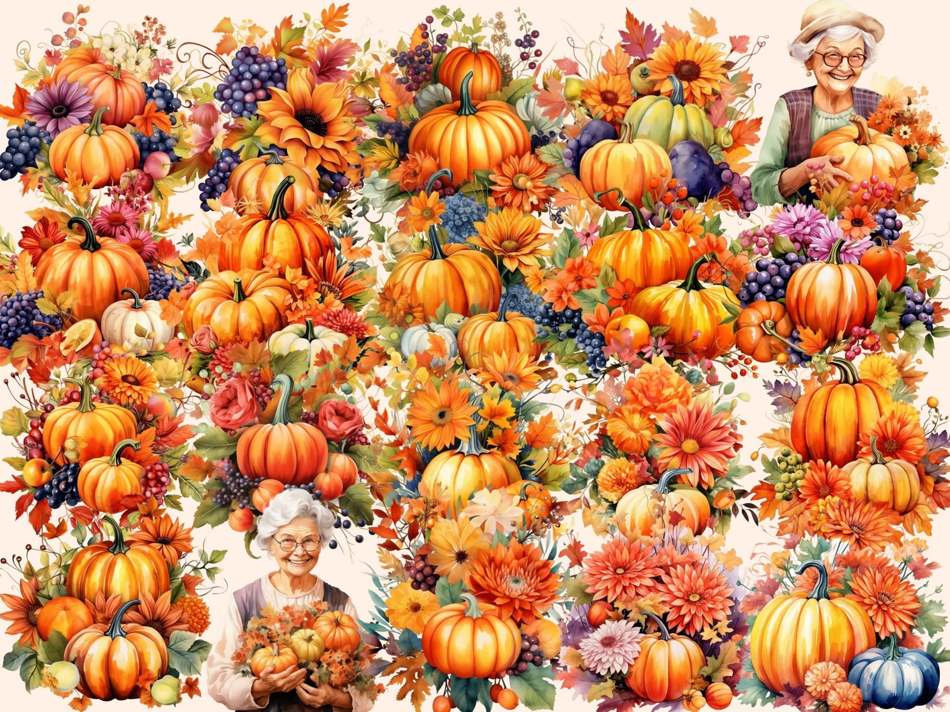 Pumpkin Bouquets Watercolor Clipart - High - Quality Instant Digital Download for Creative Projects