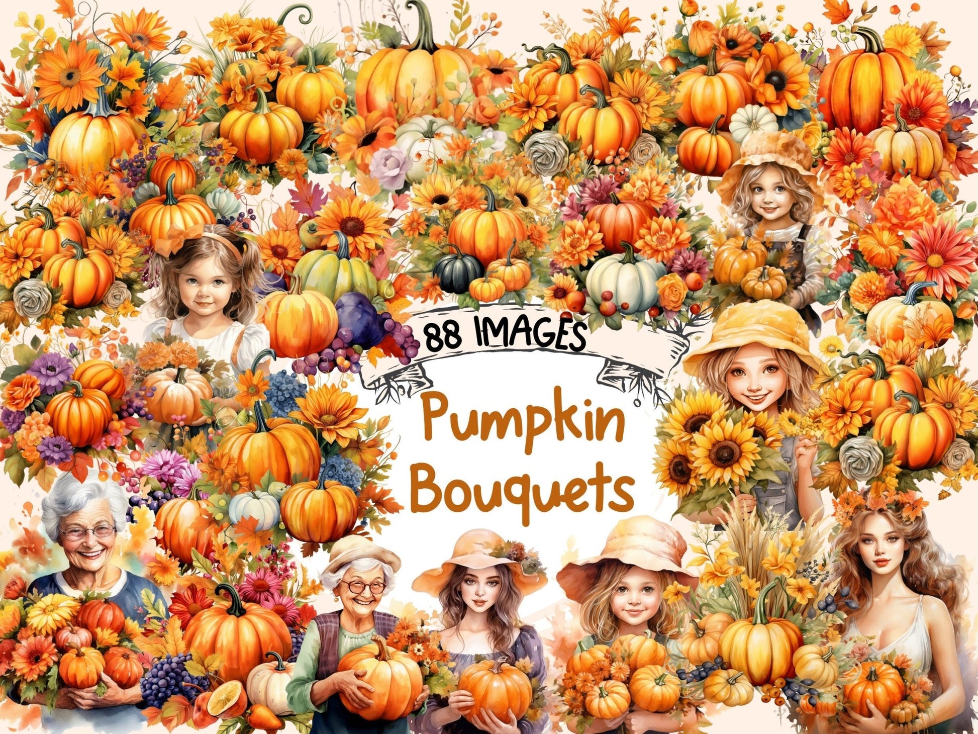 Pumpkin Bouquets Watercolor Clipart - High - Quality Instant Digital Download for Creative Projects