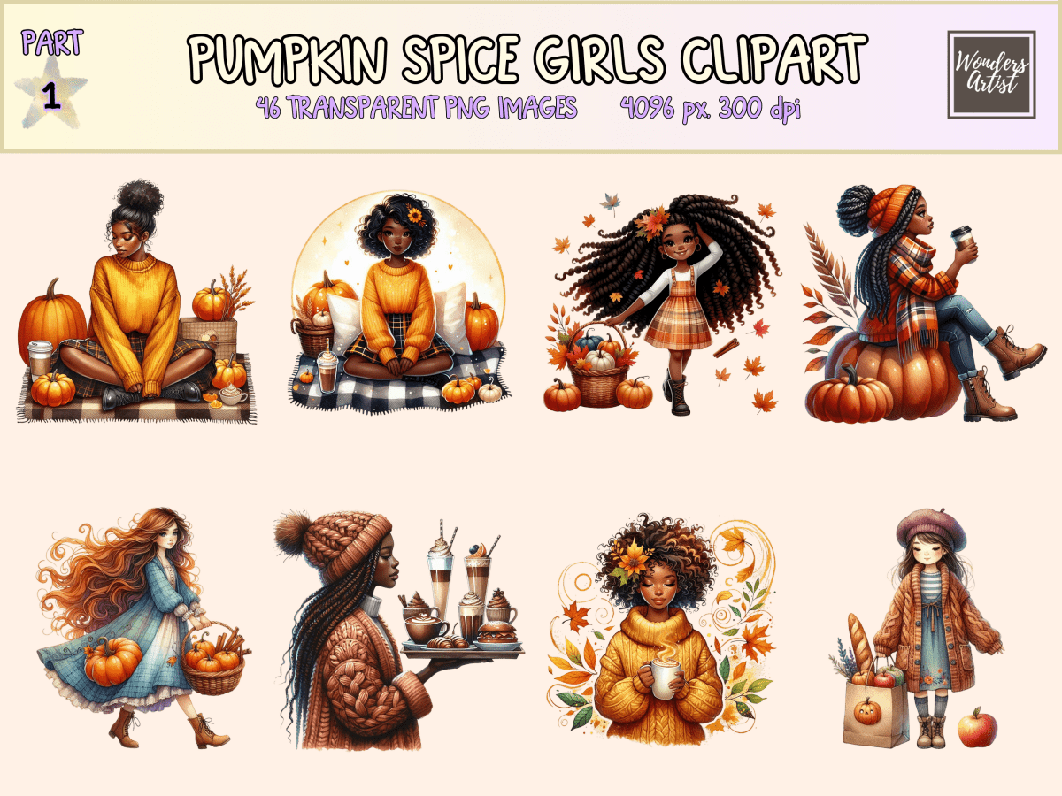 Pumpkin Spice Girls Clipart All Bundles Clipart Line Art - WondersArtist