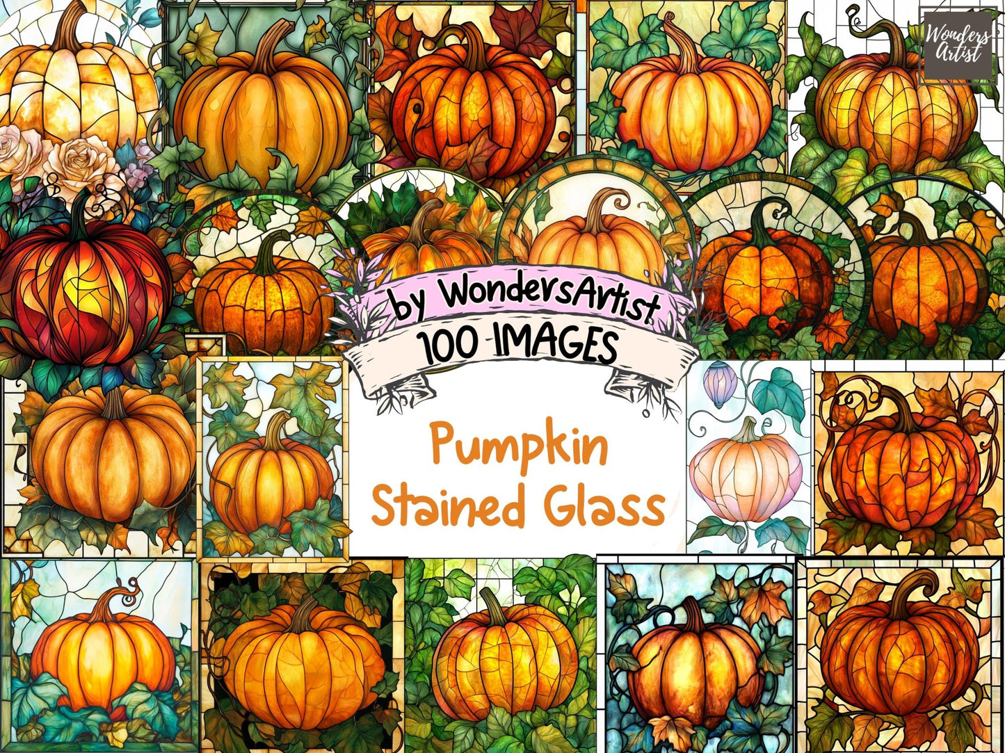 Pumpkin Stained Glass Watercolor Clipart - High - Quality Instant Digital Download for Creative Projects