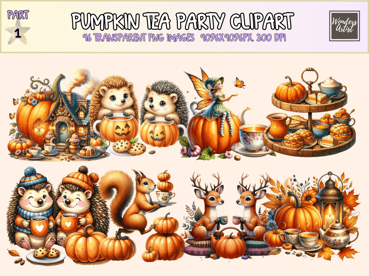 Pumpkin Tea Party Clipart All Bundles Clipart Line Art - WondersArtist