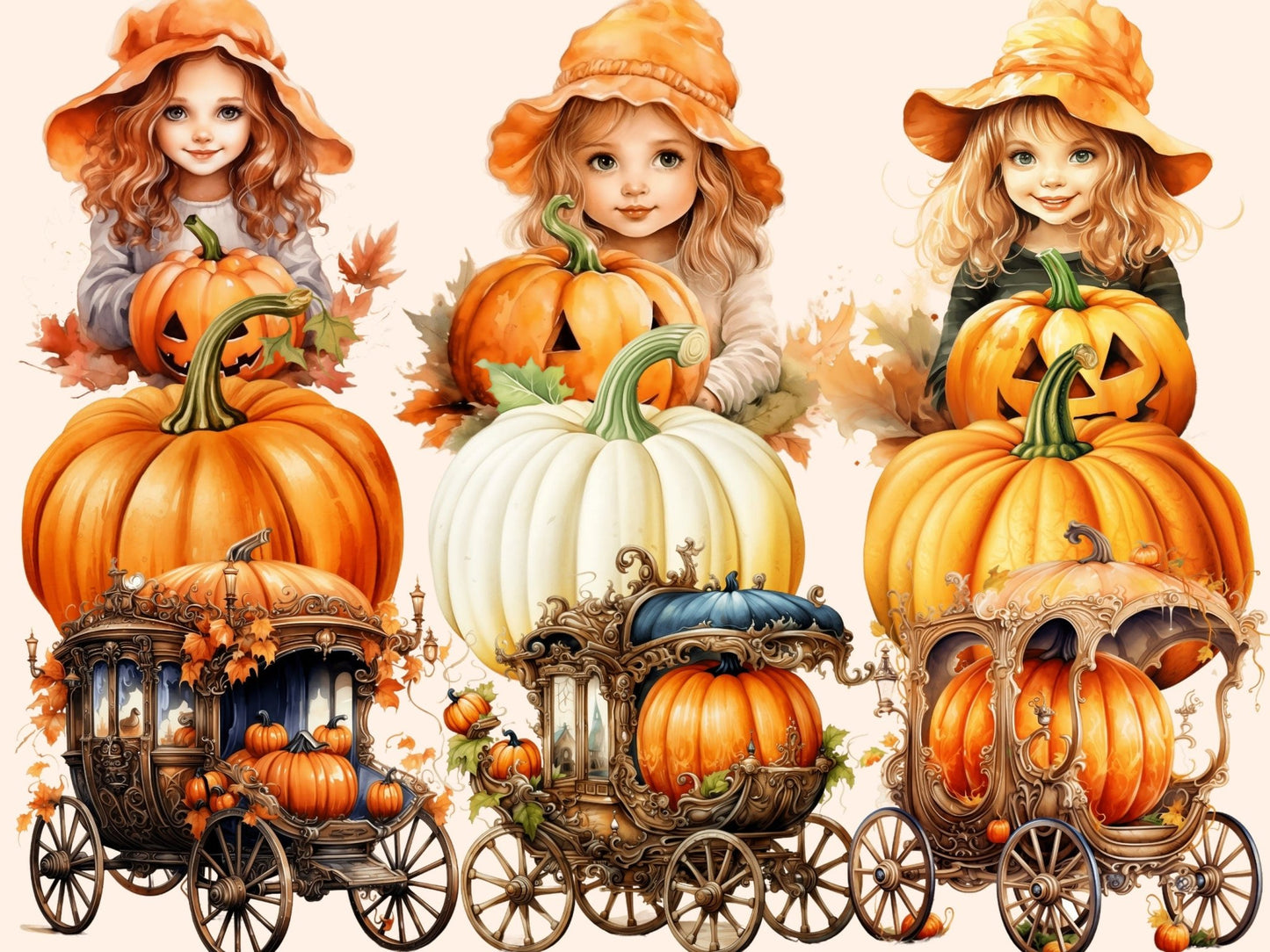 Pumpkins Watercolor Clipart - High - Quality Instant Digital Download for Creative Projects