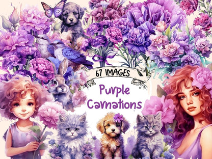 Purple Carnations Watercolor Clipart carnation bouquet - Wonders Artist