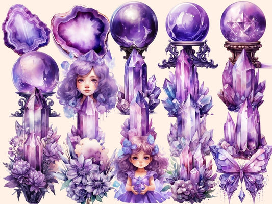 Clipart cu cristale violet în acuarelă