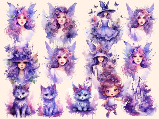 Clipart cu Zâne Violete în Acuarelă