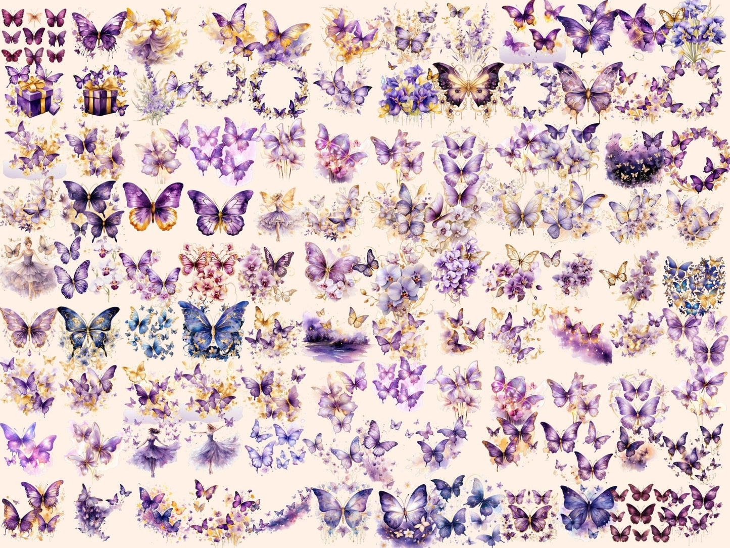 Purple & Gold Butterflies Watercolor Clipart - High - Quality Instant Digital Download for Creative Projects