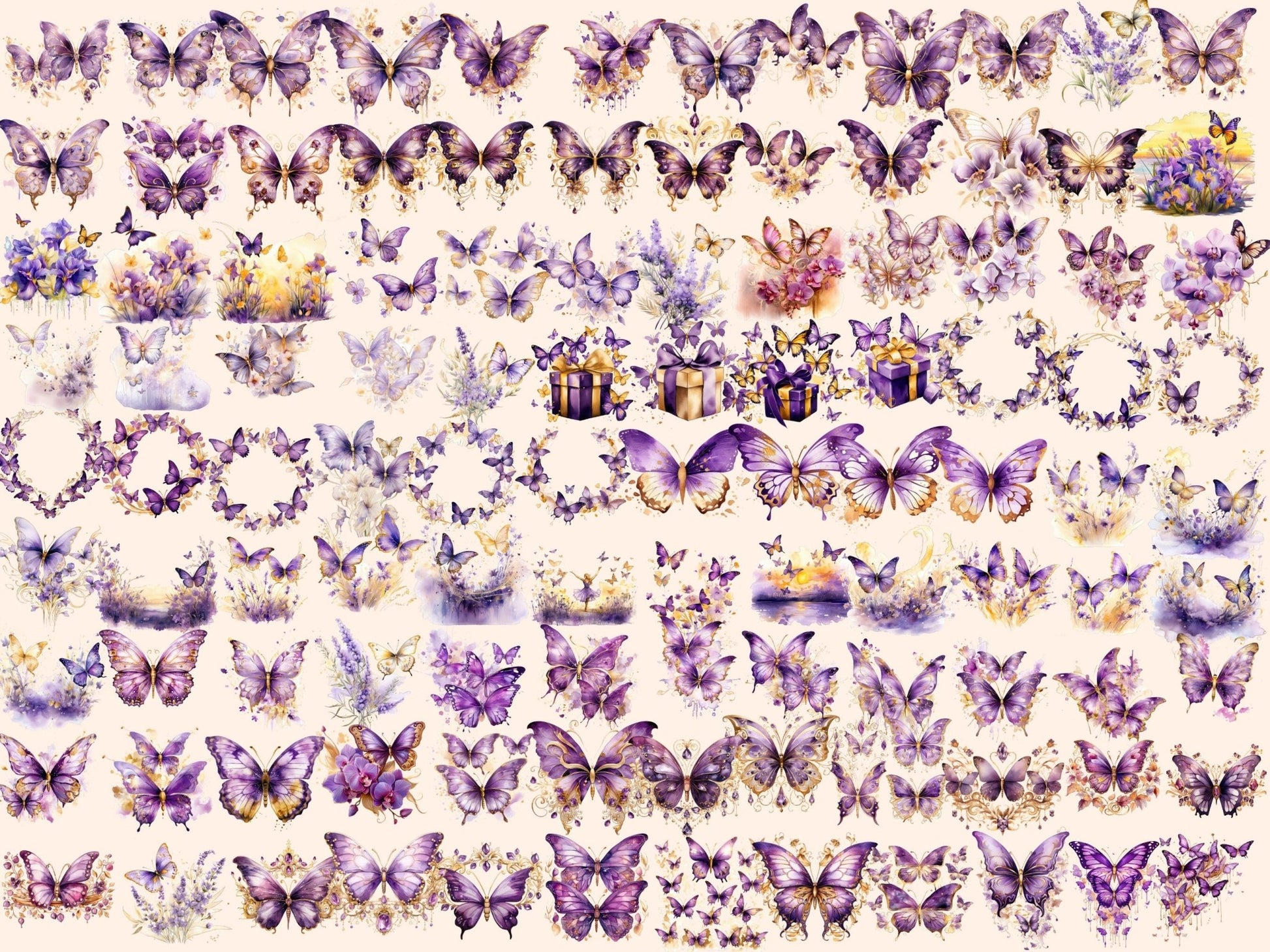 Purple & Gold Butterflies Watercolor Clipart - High - Quality Instant Digital Download for Creative Projects