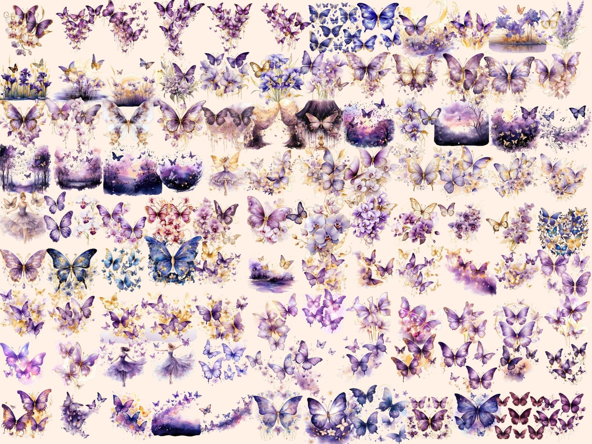 Purple & Gold Butterflies Watercolor Clipart - High - Quality Instant Digital Download for Creative Projects