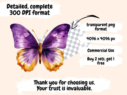 Purple & Gold Butterflies Watercolor Clipart butterflies clipart - Wonders Artist