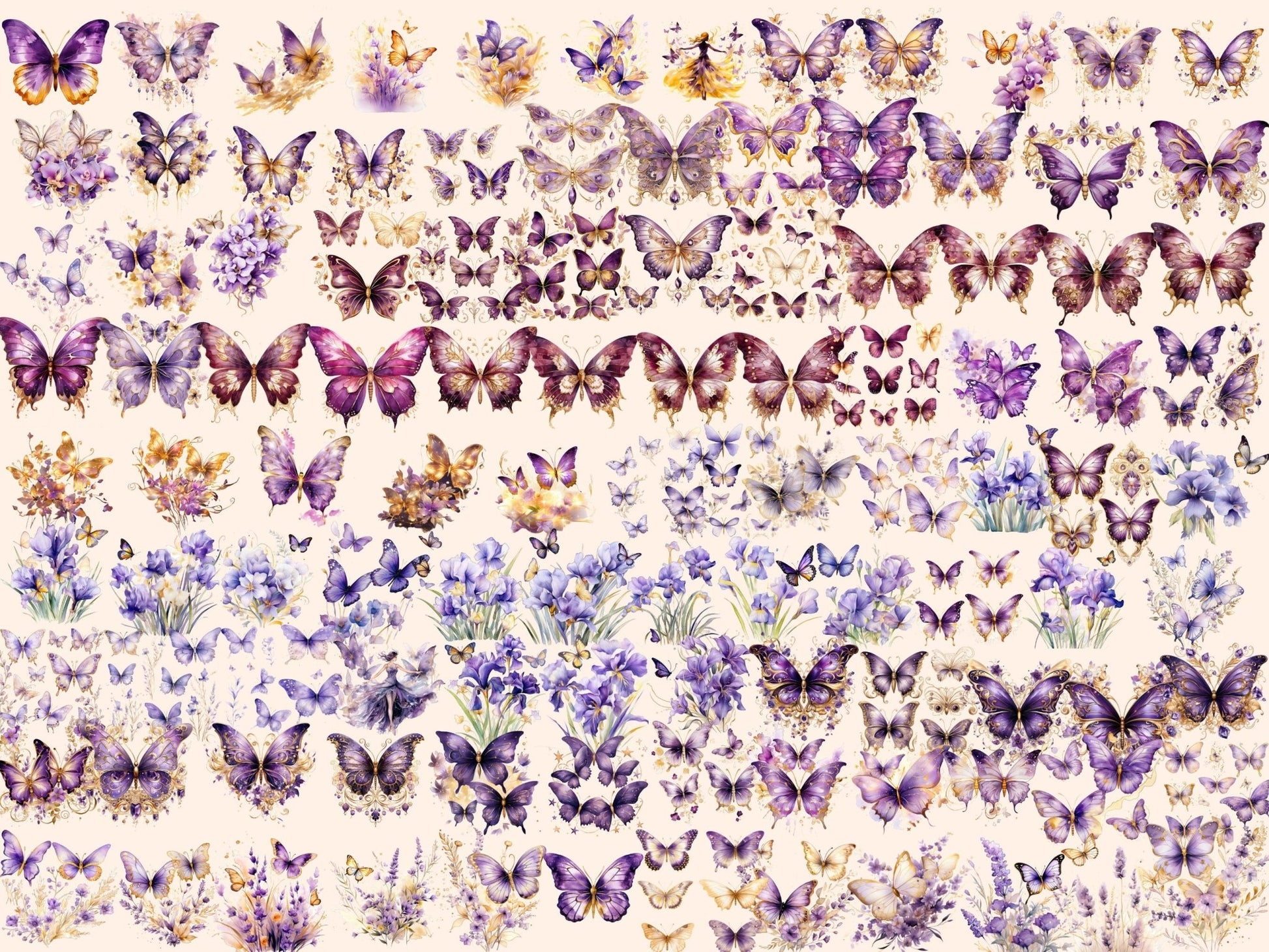 Purple & Gold Butterflies Watercolor Clipart - High - Quality Instant Digital Download for Creative Projects