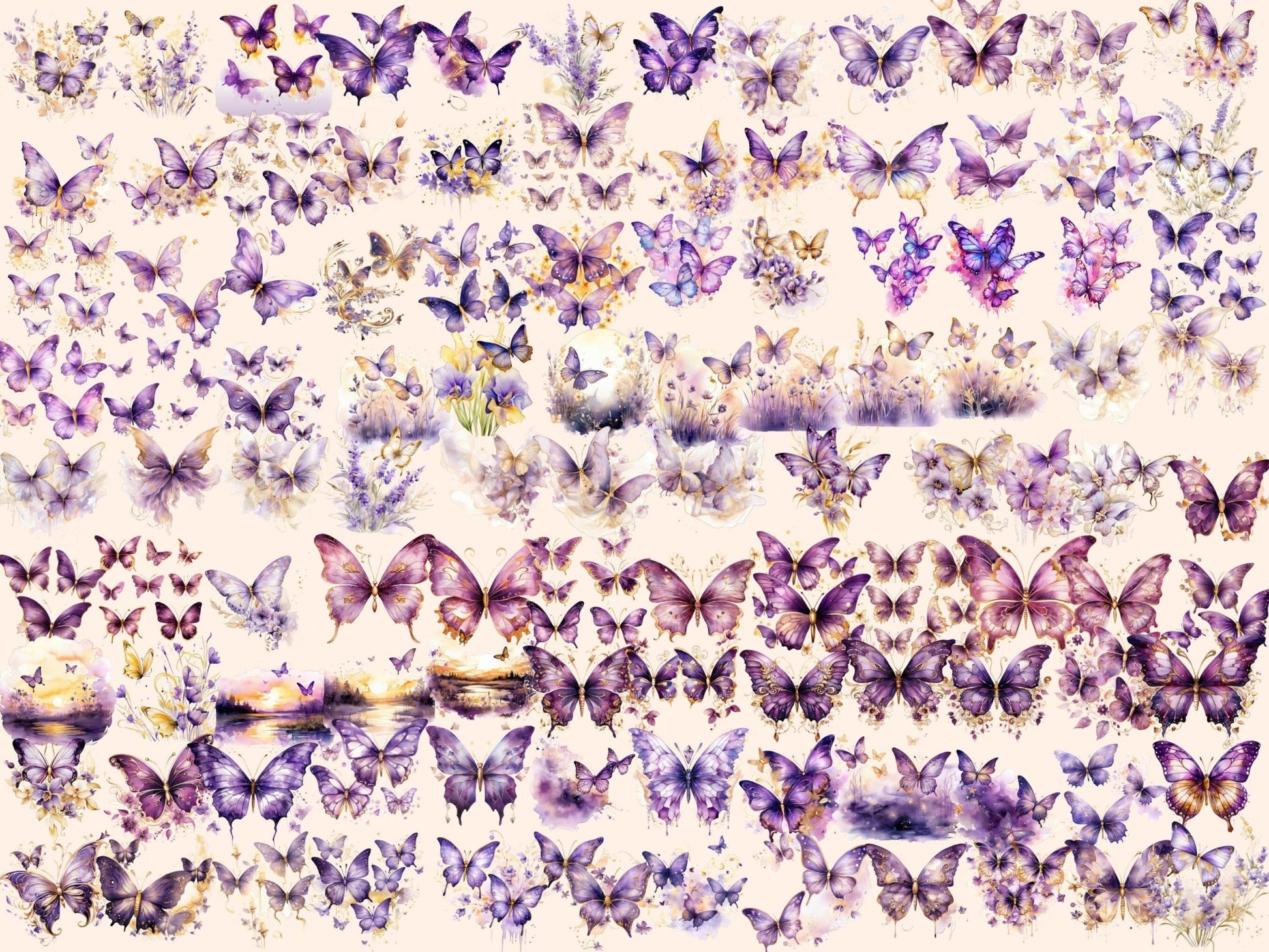 Purple & Gold Butterflies Watercolor Clipart - High - Quality Instant Digital Download for Creative Projects