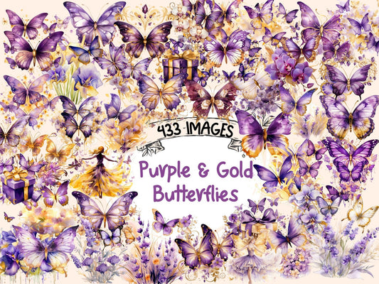 Purple & Gold Butterflies Watercolor Clipart - High - Quality Instant Digital Download for Creative Projects