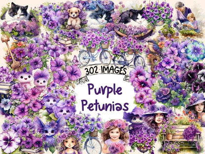 Purple Petunias Watercolor Clipart floral clipart - Wonders Artist