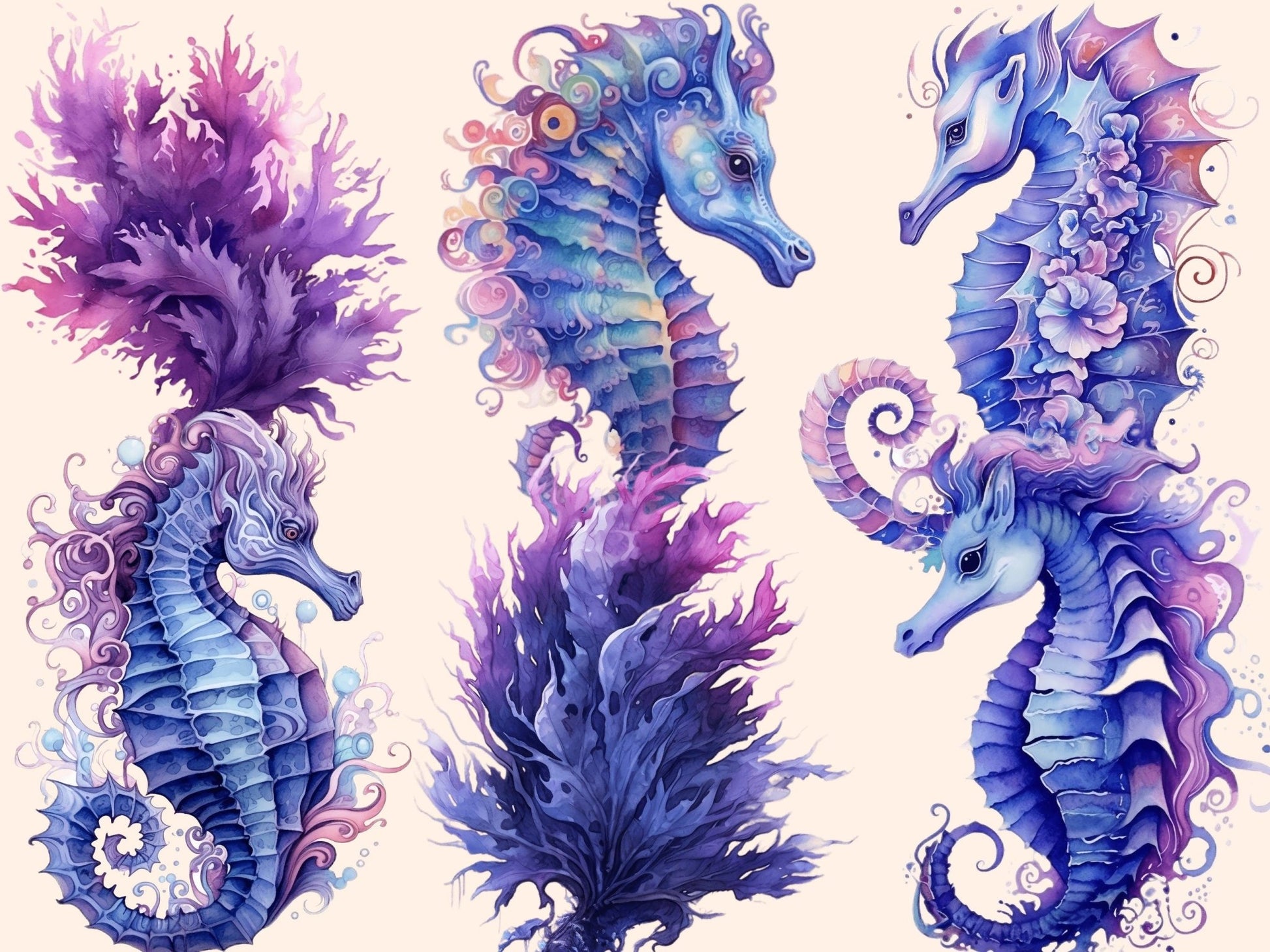 Purple Seahorses Watercolor Clipart - High - Quality Instant Digital Download for Creative Projects