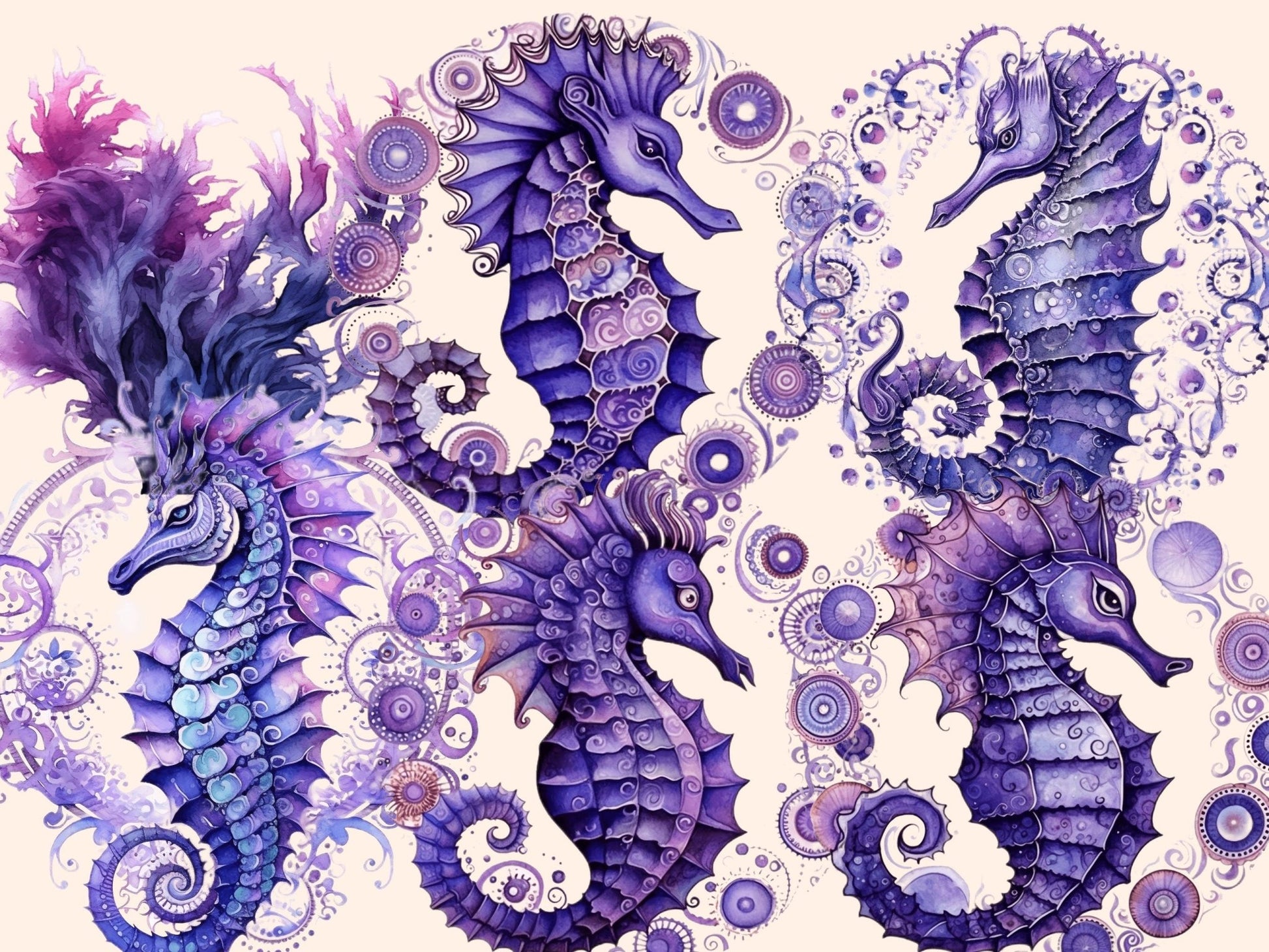 Purple Seahorses Watercolor Clipart - High - Quality Instant Digital Download for Creative Projects