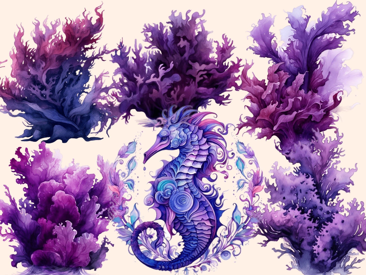 Purple Seahorses Watercolor Clipart - High - Quality Instant Digital Download for Creative Projects