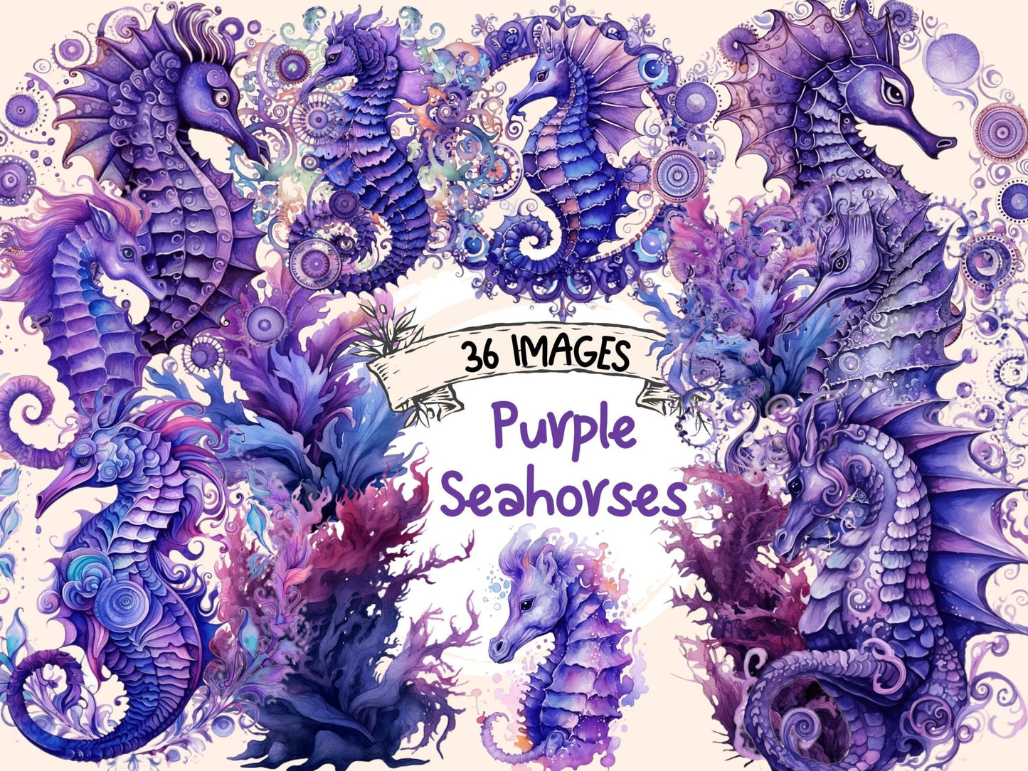 Purple Seahorses Watercolor Clipart - High - Quality Instant Digital Download for Creative Projects