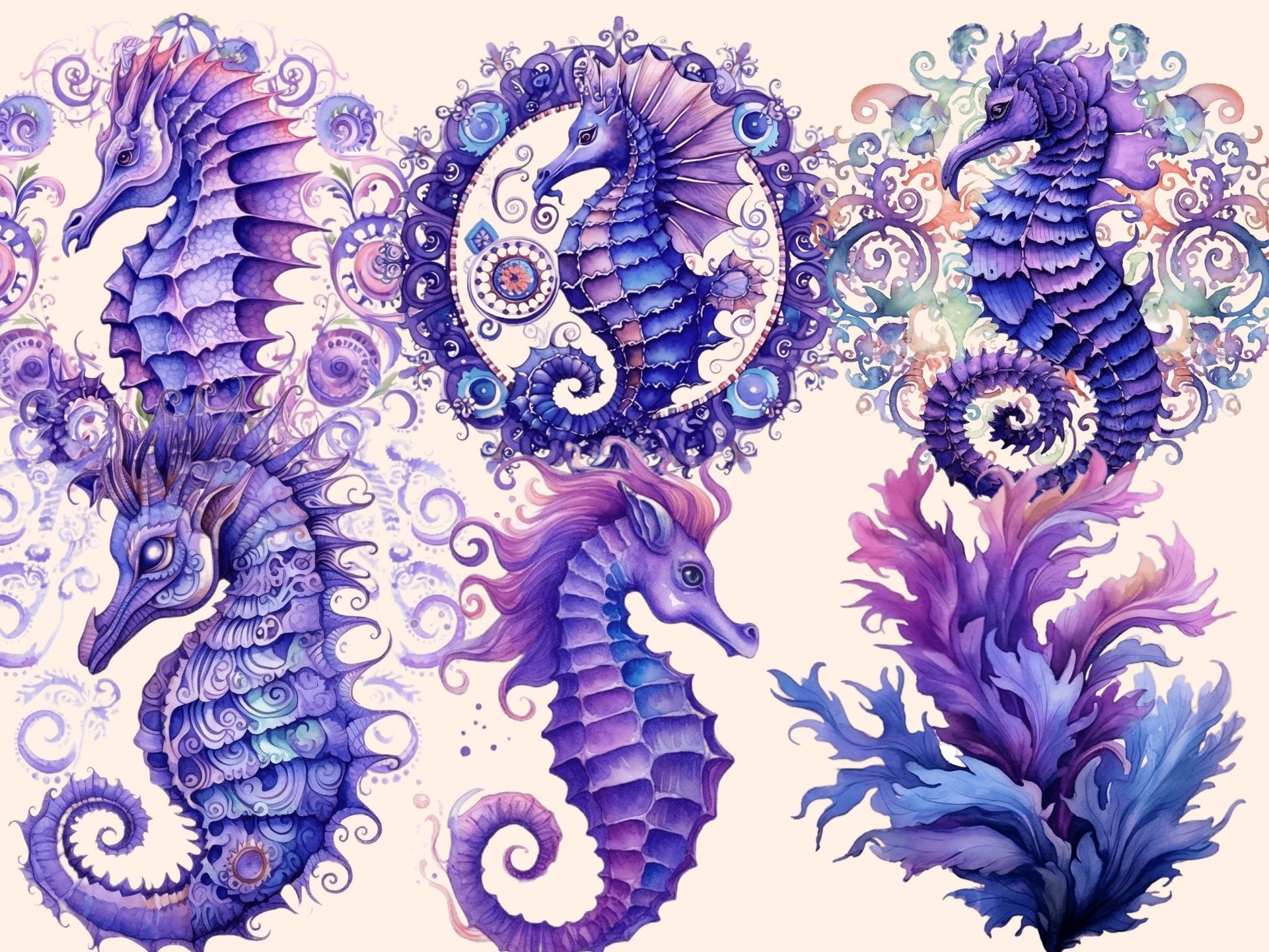 Purple Seahorses Watercolor Clipart - High - Quality Instant Digital Download for Creative Projects