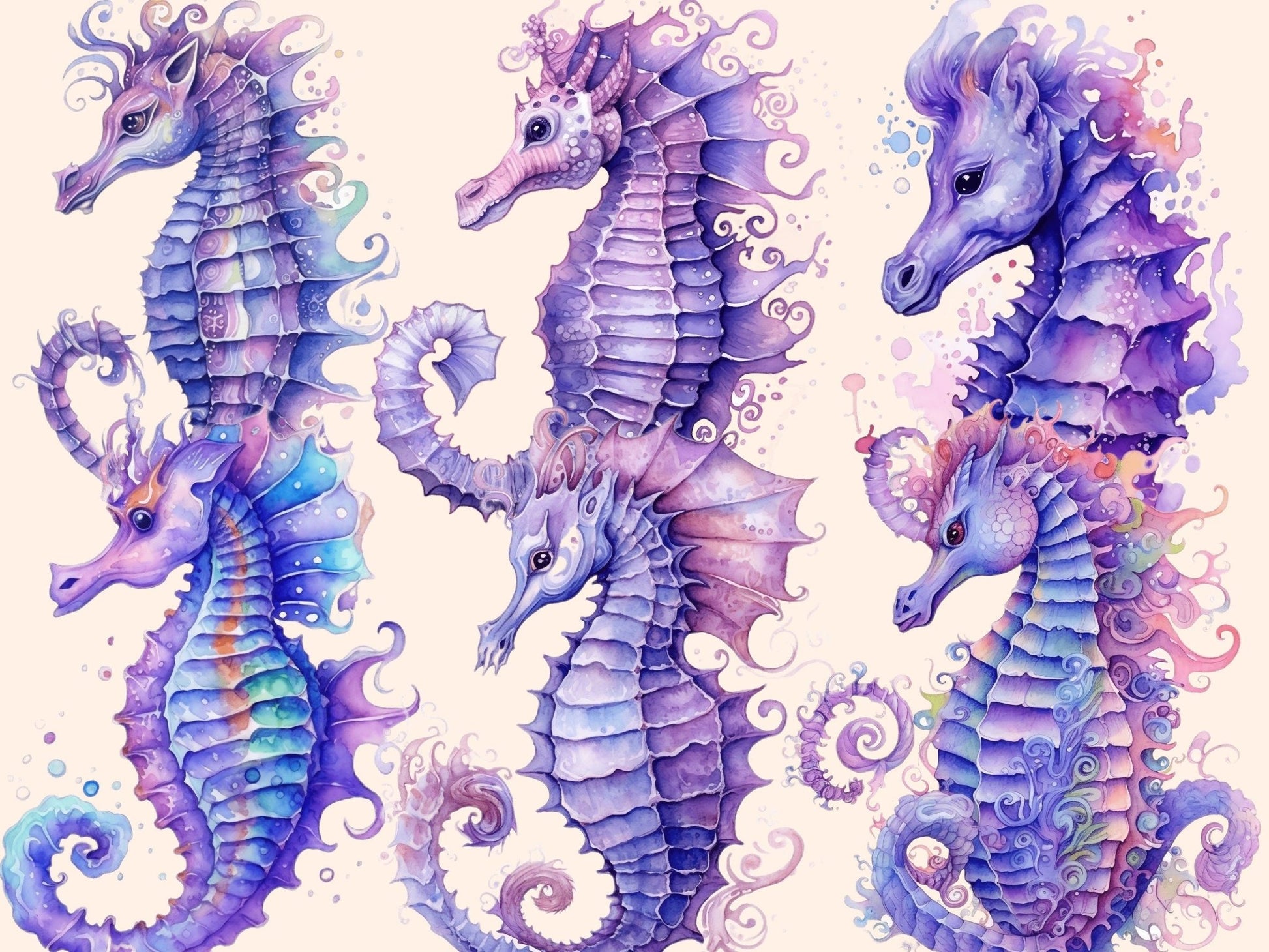 Purple Seahorses Watercolor Clipart - High - Quality Instant Digital Download for Creative Projects