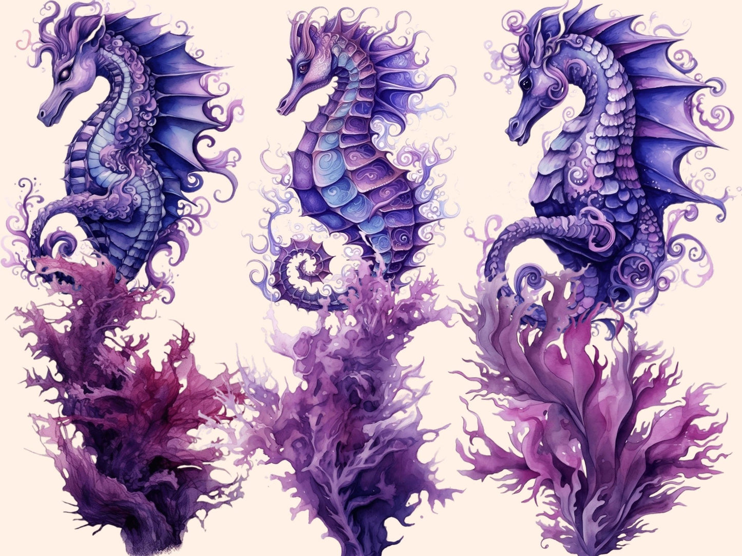 Purple Seahorses Watercolor Clipart - High - Quality Instant Digital Download for Creative Projects