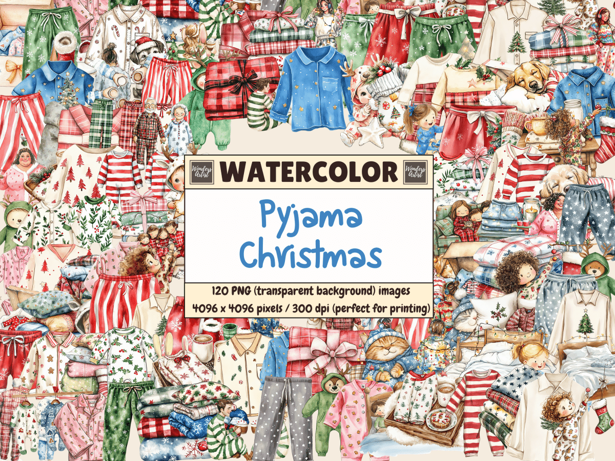 Pyjama Christmas Watercolor Clipart All Bundles Clipart Line Art - WondersArtist