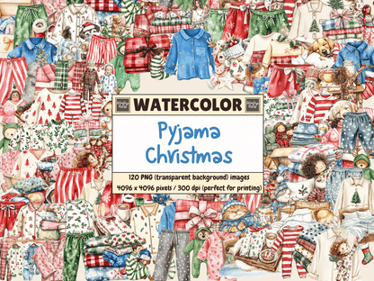 Pyjama Christmas Watercolor Clipart All Bundles Clipart Line Art - WondersArtist