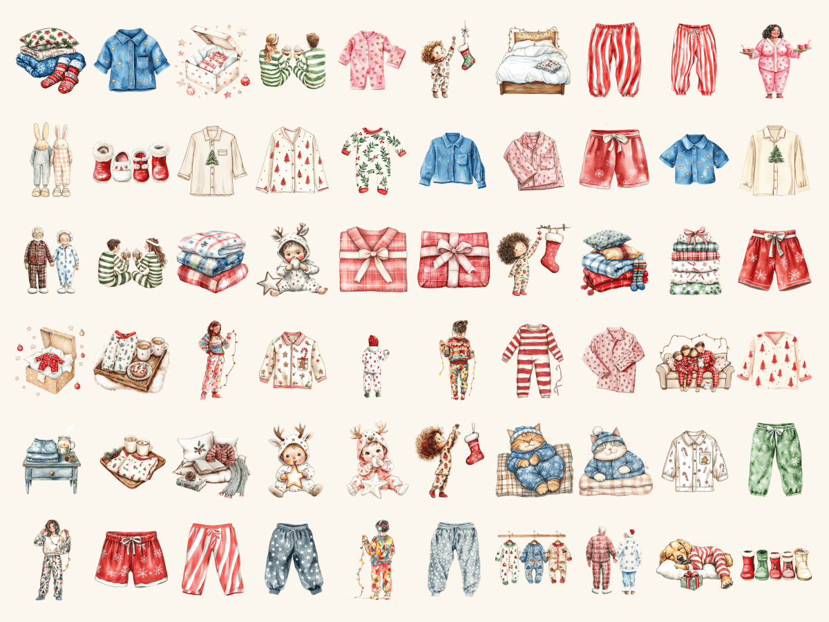 Pyjama Christmas Watercolor Clipart All Bundles Clipart Line Art - WondersArtist