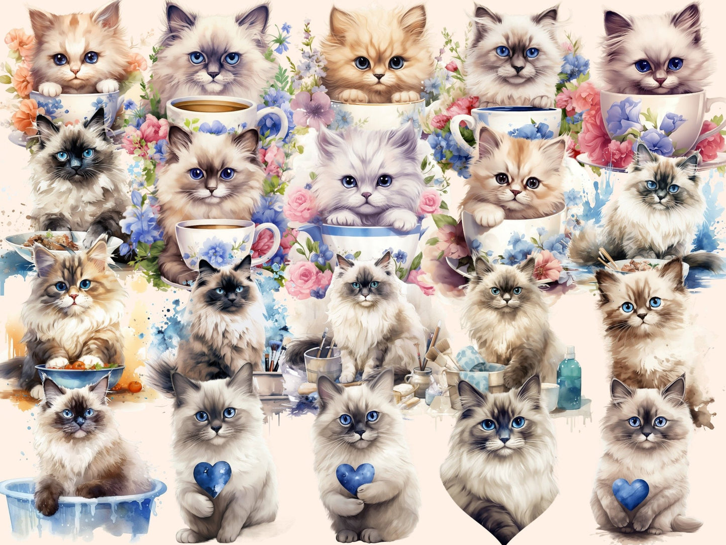 Ragdoll Cats Watercolor Clipart - High - Quality Instant Digital Download for Creative Projects