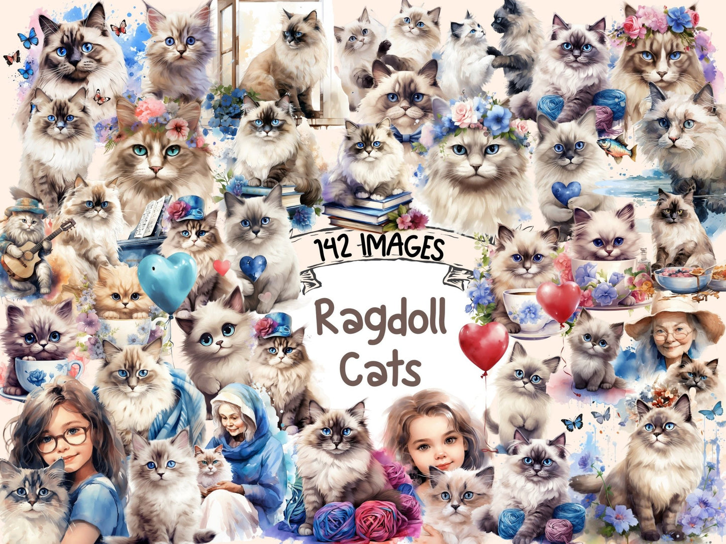 Ragdoll Cats Watercolor Clipart - High - Quality Instant Digital Download for Creative Projects