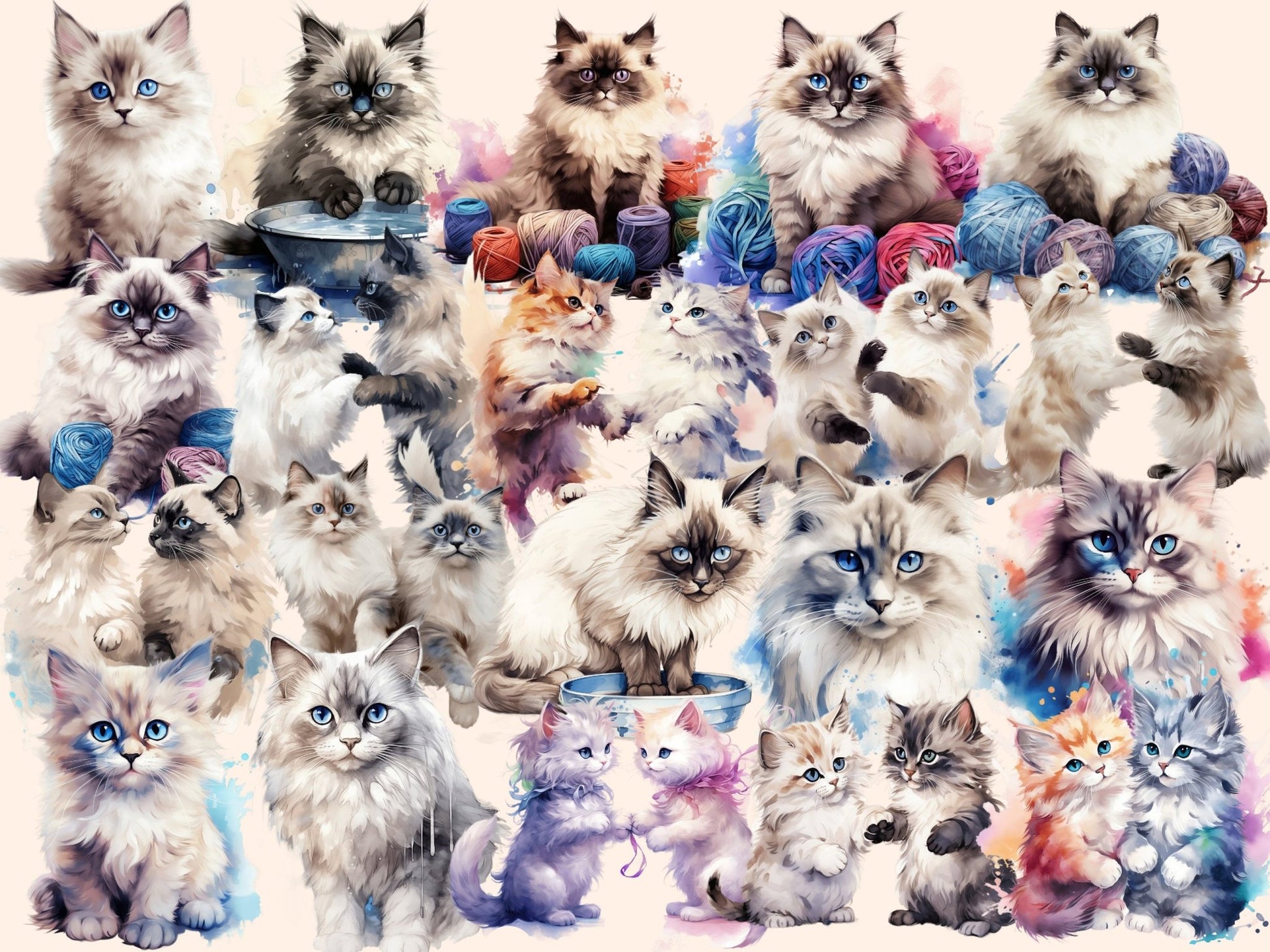 Ragdoll Cats Watercolor Clipart - High - Quality Instant Digital Download for Creative Projects