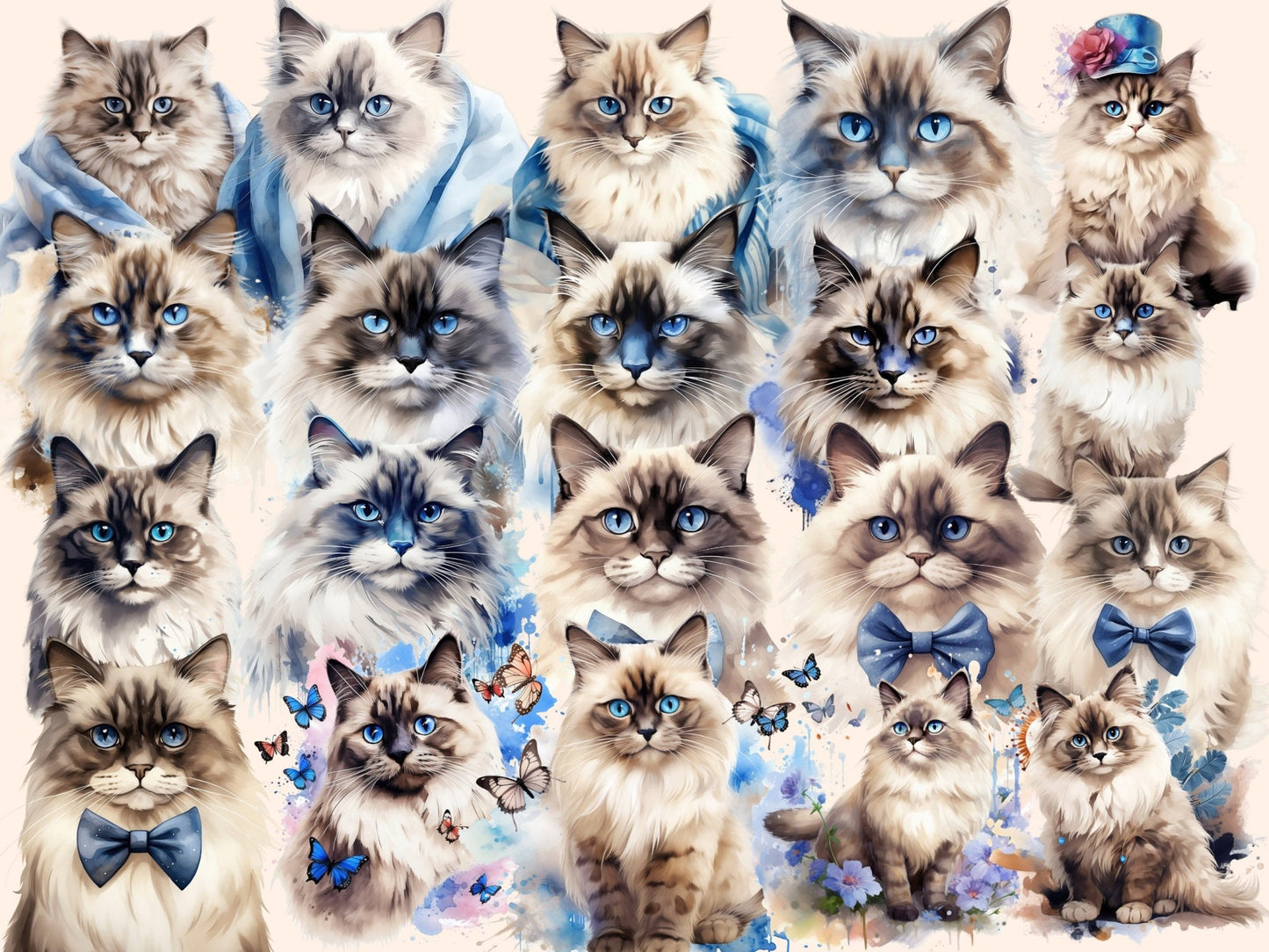 Ragdoll Cats Watercolor Clipart - High - Quality Instant Digital Download for Creative Projects