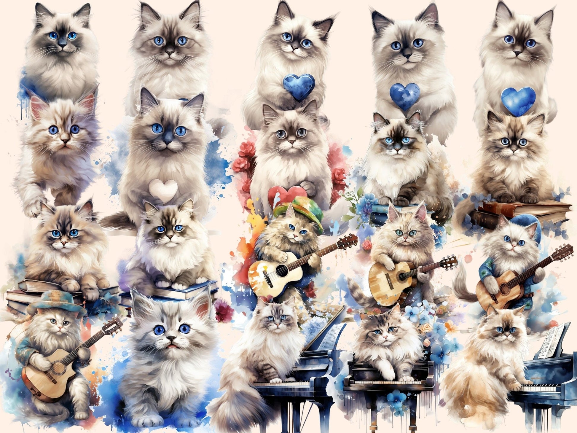 Ragdoll Cats Watercolor Clipart - High - Quality Instant Digital Download for Creative Projects