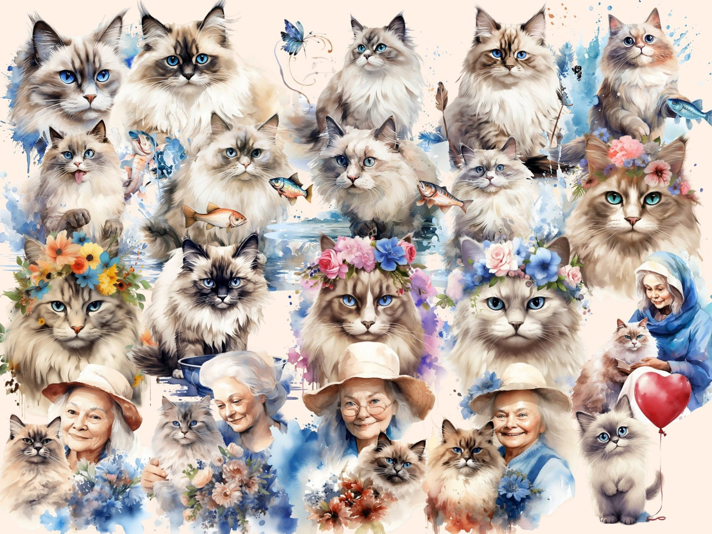 Ragdoll Cats Watercolor Clipart - High - Quality Instant Digital Download for Creative Projects