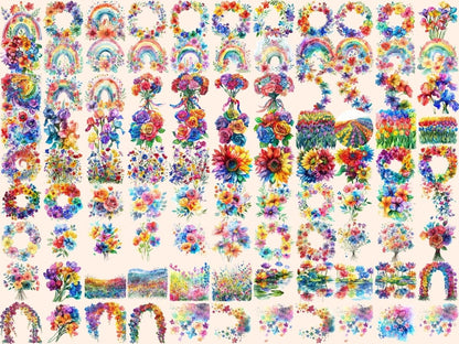 Rainbow Flowers Watercolor Clipart - High - Quality Instant Digital Download for Creative Projects