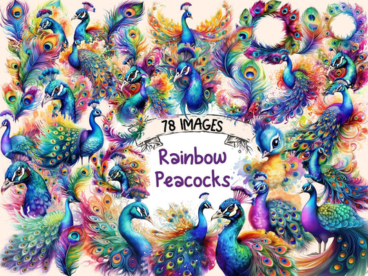 Rainbow Peacocks Watercolor Clipart - High - Quality Instant Digital Download for Creative Projects