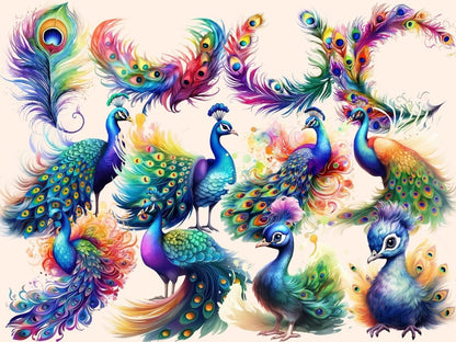 Rainbow Peacocks Watercolor Clipart colorful clipart - Wonders Artist